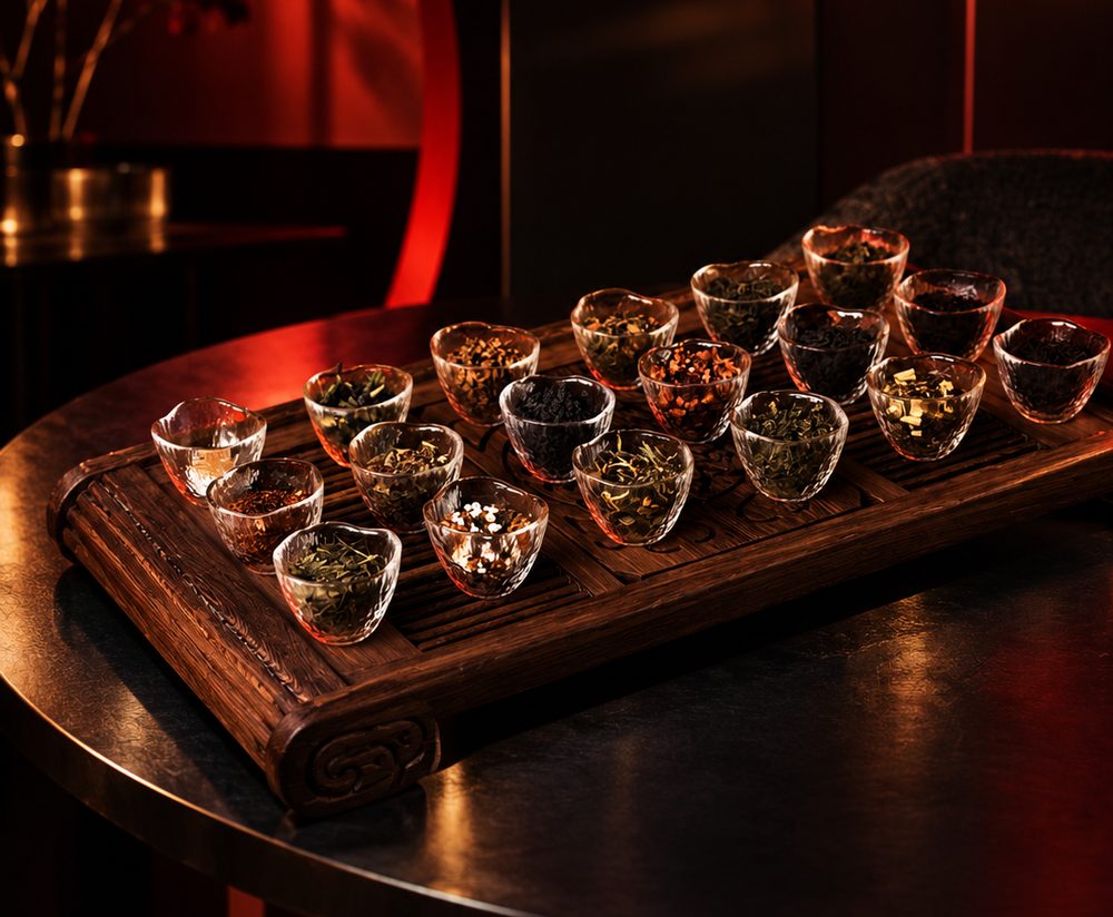 Tasting tray of loose-leaf teas in glass cups